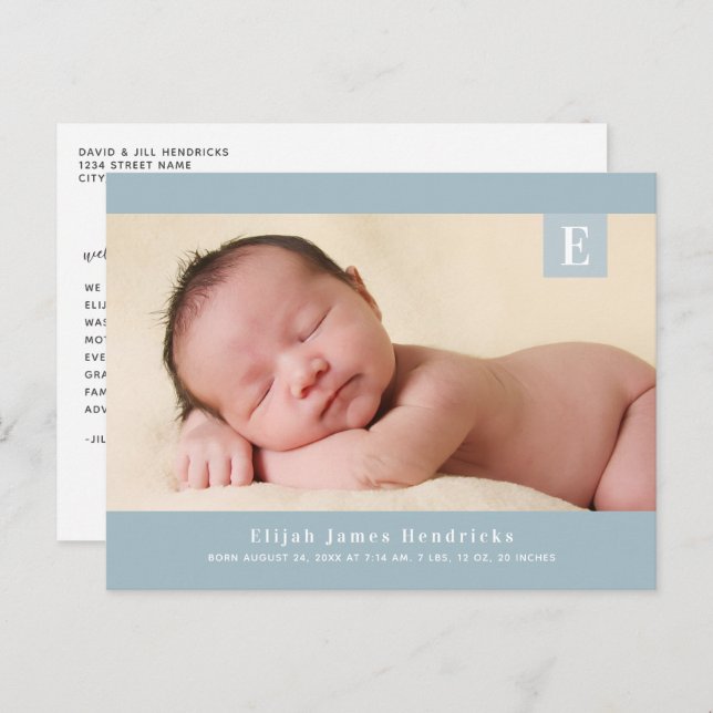 Blue Monogram Baby Boy Photo Birth Announcement Postcard (Front/Back)