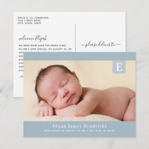 Blue Monogram Baby Boy Photo Birth Announcement Postcard