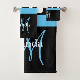Blue Monogram Black White Polka Dot Bath Towel Set