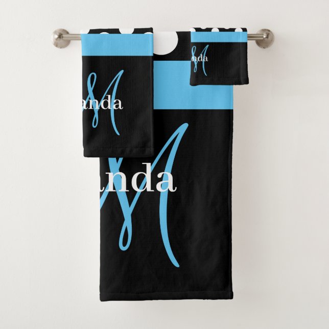Blue Monogram Black White Polka Dot Bath Towel Set (Insitu)
