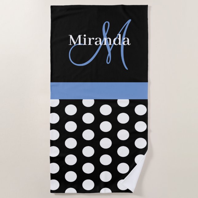 Blue Monogram Black White Polka Dot Beach Towel (Front)