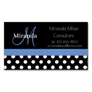 Blue Monogram Black White Polka Dot Magnetic Business Card