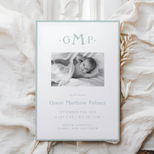 Blue Monogram Boy Baby Announcement