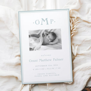 Blue Monogram Boy Baby Announcement