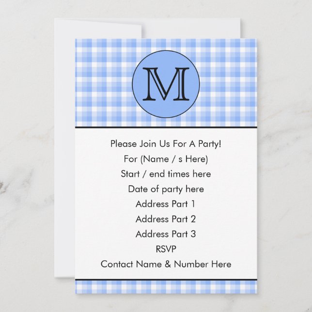 Blue Monogram Check Pattern. Custom Letter. Invitation (Front)