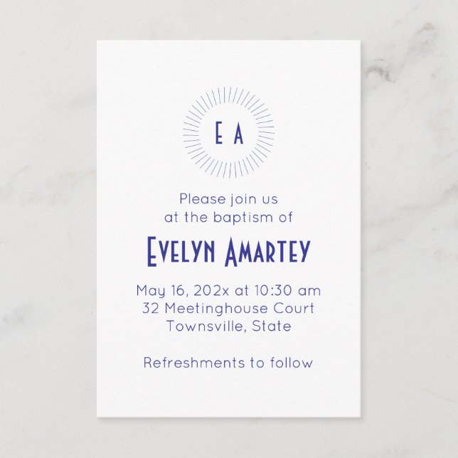 Blue Monogram Circle Baptism Invitation (Front)