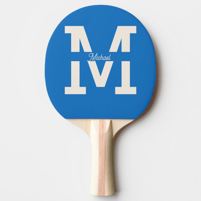 Blue Monogram Classic Personalised Chequered Back Ping Pong Paddle (Front)
