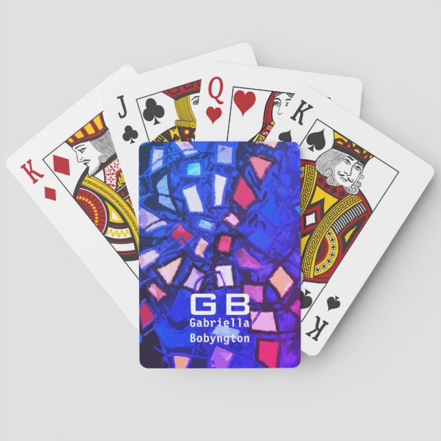 Blue monogram colourful geometric vibrant pink red playing cards (Back)