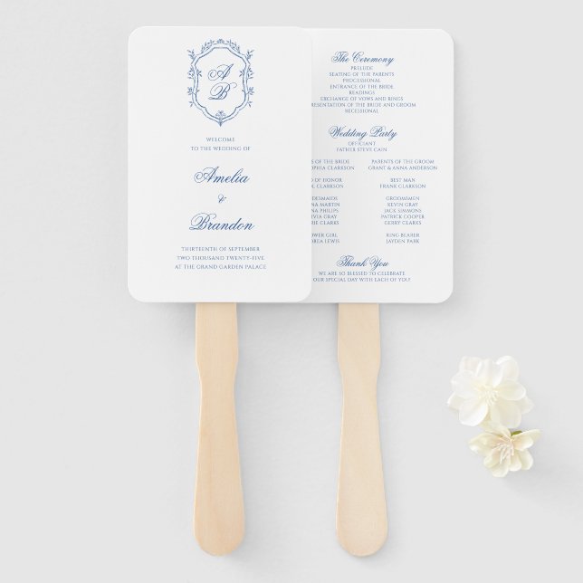 Blue Monogram Crest Formal Script Wedding Program Hand Fan (Front and Back)
