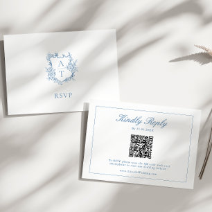 Blue Monogram Crest Wedding QR Code RSVP Enclosure Card