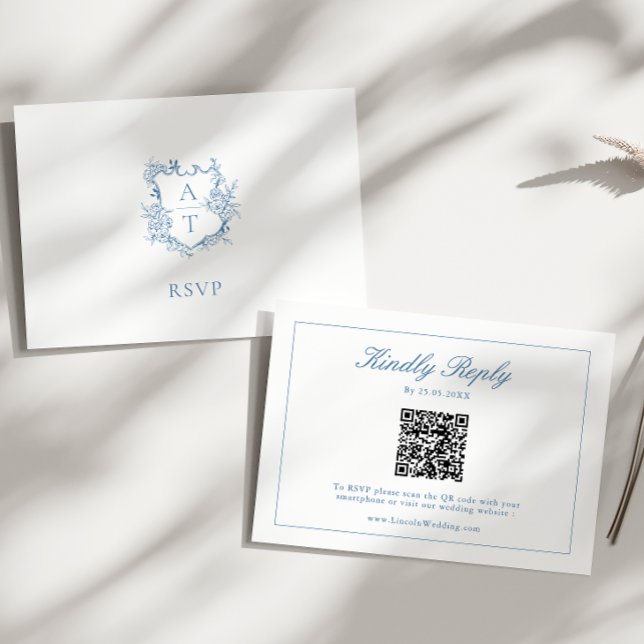 Blue Monogram Crest Wedding QR Code RSVP Enclosure Card (Creator Uploaded)