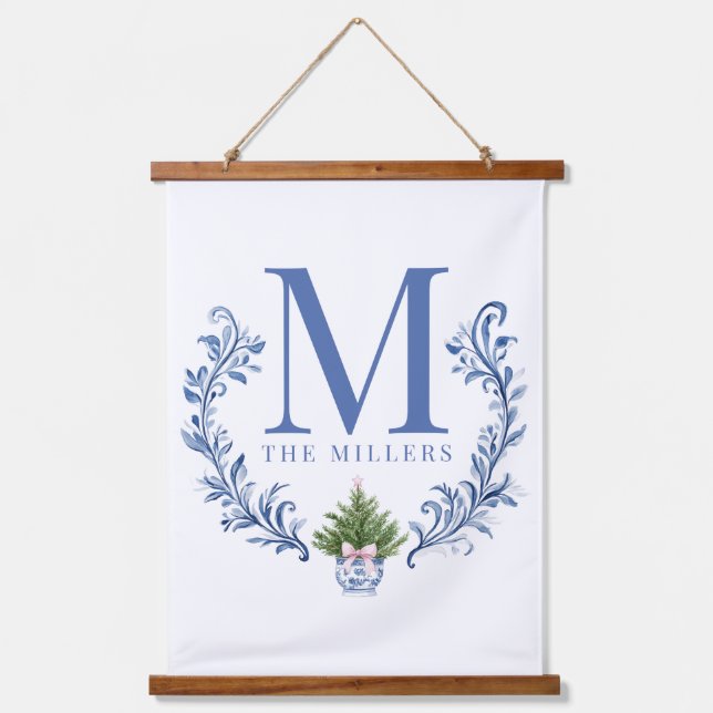 Blue Monogram Crest with Christmas Tree  Hanging Tapestry (Front)