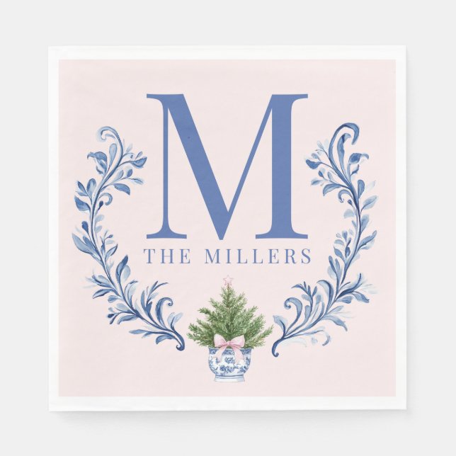 Blue Monogram Crest with Christmas Tree  Napkin (Front)