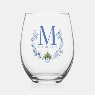 Blue Monogram Crest with Christmas Tree  Stemless Wine Glass