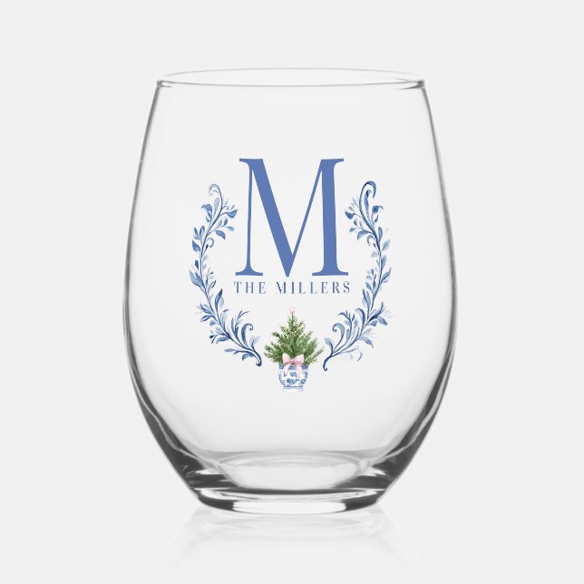 Blue Monogram Crest with Christmas Tree  Stemless Wine Glass (Front)