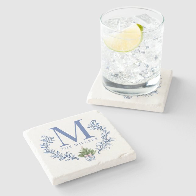 Blue Monogram Crest with Christmas Tree  Stone Coaster (Side)