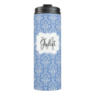 Blue Monogram Damask Pattern Thermal Tumbler