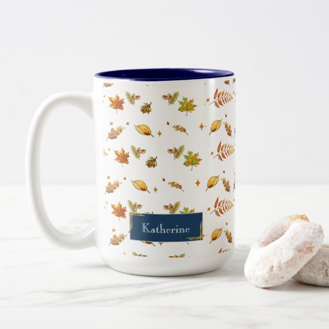 Blue Monogram Fall Leaf Thanksgiving  Two-Tone Coffee Mug (With Donut)
