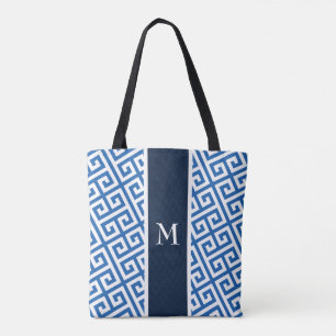 Blue Monogram Greek Key  Tote Bag