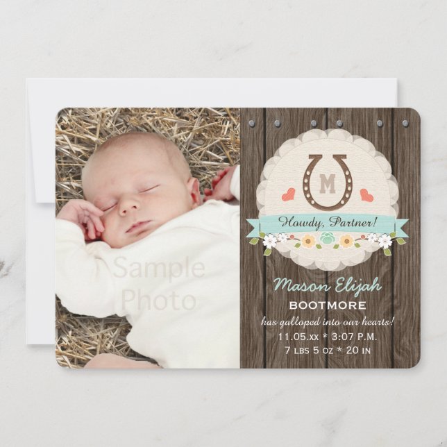 Blue Monogram Horseshoe Western Birth Announcement (Front)