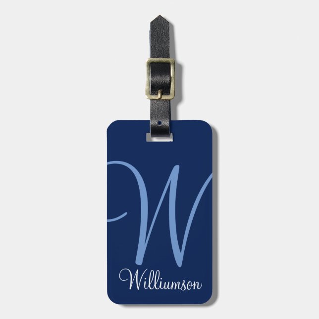 Blue Monogram Initial Script Luggage Tag (Front Vertical)