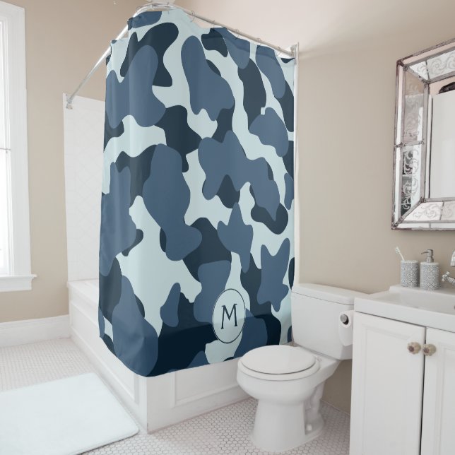 Blue Monogram Large Cow Spots Shower Curtain (In Situ)