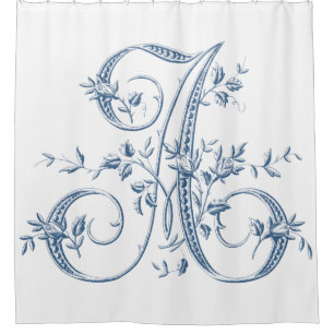 Blue Monogram Letter A Vintage French Rosebud Shower Curtain