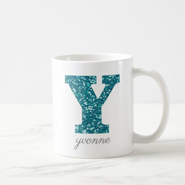 Blue Monogram Letter Y Glittery Mug (Right)