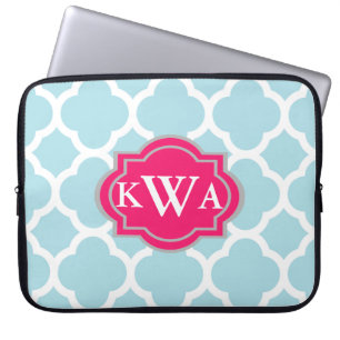 Blue Monogram Moroccan Quatrefoil Pattern Laptop Sleeve