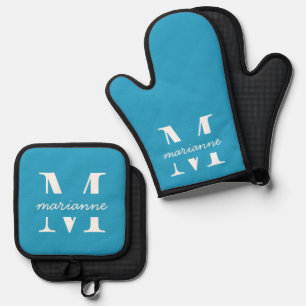 Blue Monogram Name Initial Simple Custom Oven Mitt & Pot Holder Set
