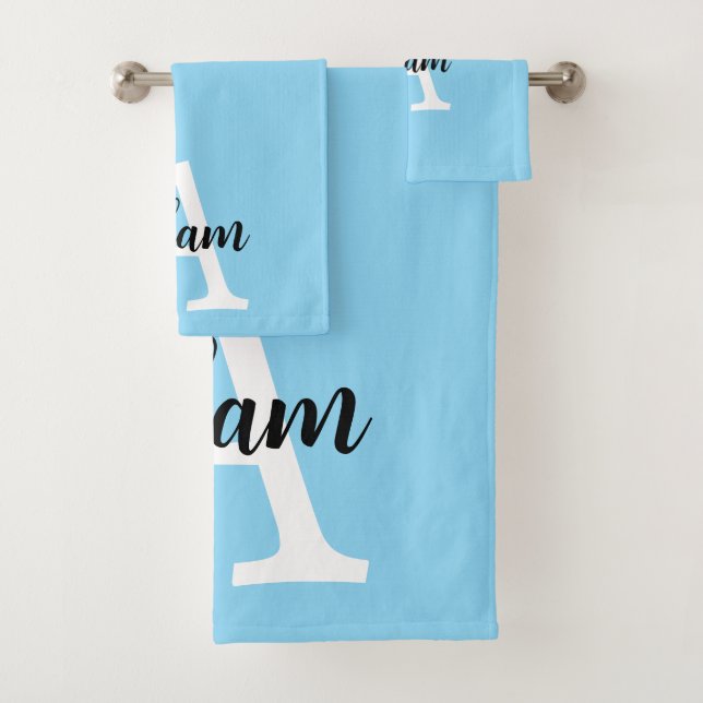 Blue Monogram Name Script Personalised Design Bath Towel Set (Insitu)