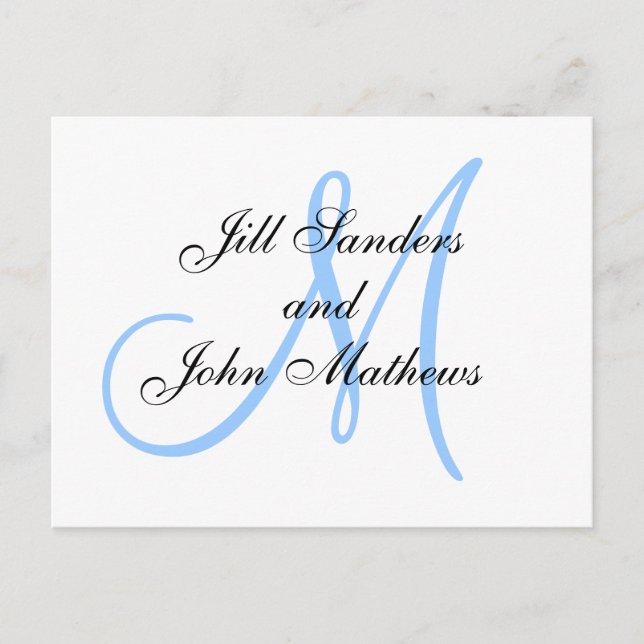 Blue Monogram Names Save the Date Postcards (Front)