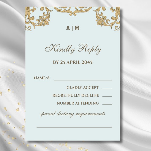 Blue Monogram Ornate Victorian Wedding RSVP Card  (Creator Uploaded)