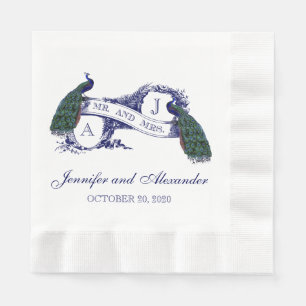 Blue Monogram Peacock Wedding Paper Napkins
