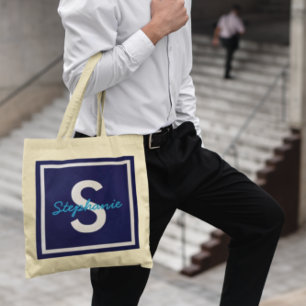 Blue Monogram Personalized Tote Bag