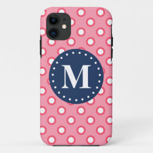 Blue Monogram Pink Polka Dots Pattern iPhone 11 Case