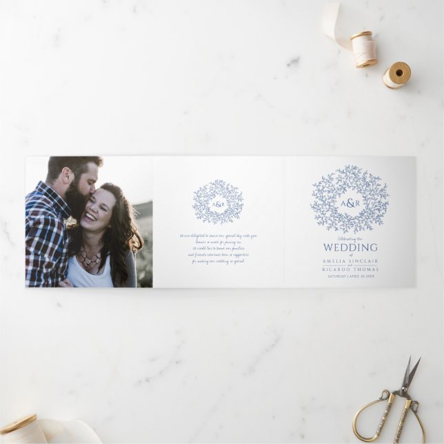 Blue monogram story dedication photo wedding Tri-Fold programme (Outside)