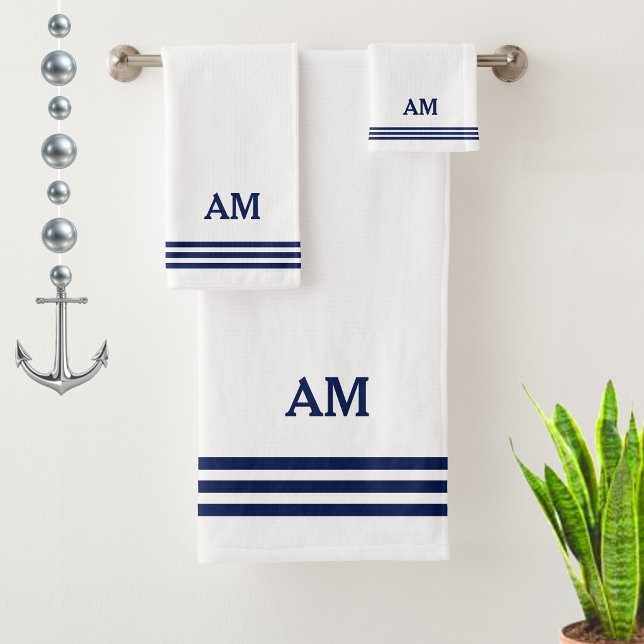 Blue Monogram & Three Stripes on White Bath Towel Set (Creator Uploaded)