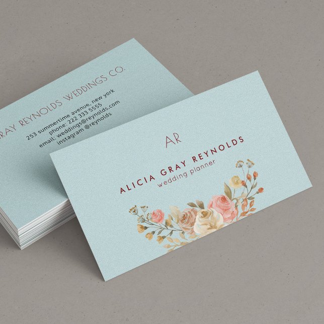Blue Monogram Watercolor Floral Wedding Planner Business Card (Creator Uploaded)