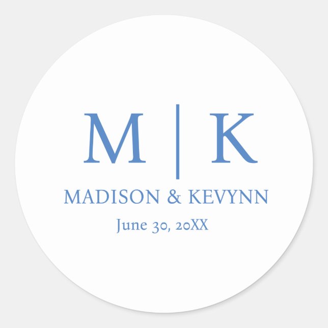 Blue Monogram Wedding Classic Round Sticker (Front)