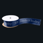 Blue Monogram Wedding Custom Name Personalised Satin Ribbon<br><div class="desc">This custom design features a simple monogram on the left with personalised names next to it in white text on a navy blue background. Personalised by editing the text in the text boxes</div>