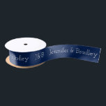 Blue Monogram Wedding Custom Name Personalised Satin Ribbon<br><div class="desc">This custom design features a simple monogram on the left with personalised names next to it in white text on a navy blue background. Personalised by editing the text in the text boxes</div>