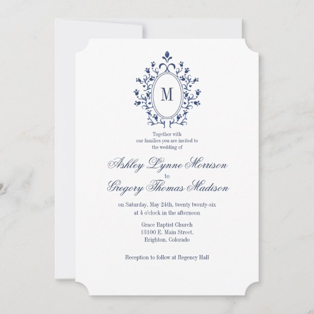 BLUE Monogram Wedding Invitation (Front)