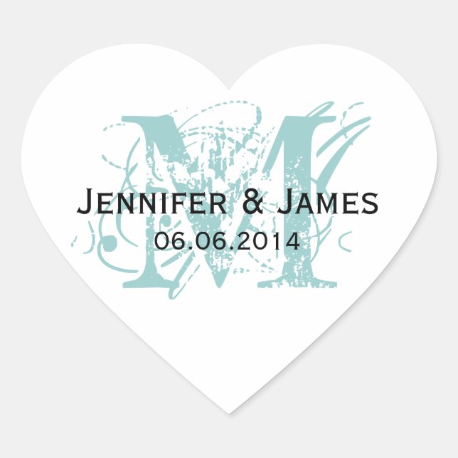 Blue Monogram Wedding Stickers Heart Shape (Front)