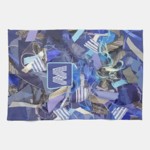 Blue monogram white grey abstract nautical stripes tea towel