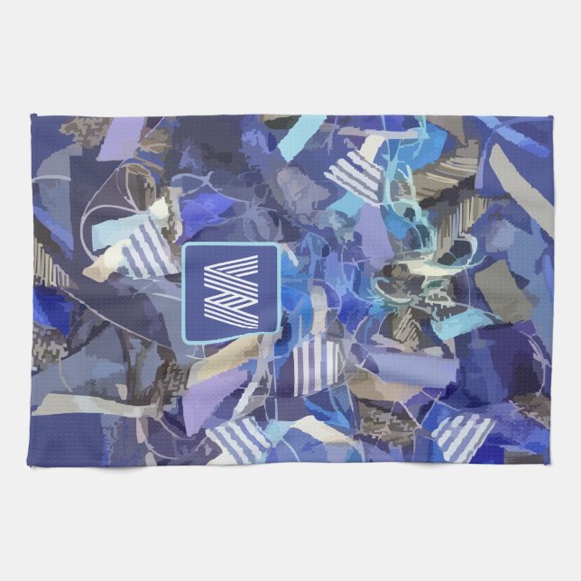 Blue monogram white grey abstract nautical stripes tea towel (Horizontal)