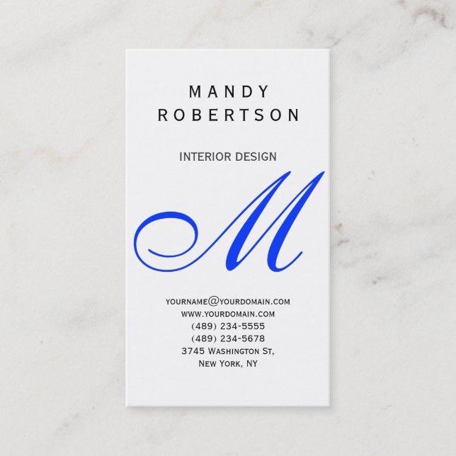 Blue Monogram White Interior Design Business Card (Front)