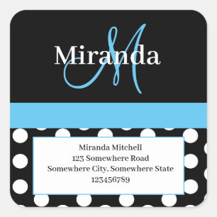 Blue Monogram White Polka Dot Return Address Square Sticker