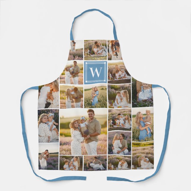 Blue Monogrammed 20 Pic Photo Collage Apron (Front)