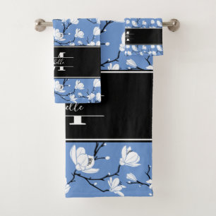 Blue Monogrammed Black and White Magnolia Flower Bath Towel Set